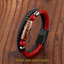 

New Long Oval Coffee Color 3 Eye Dzi Natural Agate Two-Color Ethnic Style Ladies Bracelet 316L Stainless Steel Leather Rope