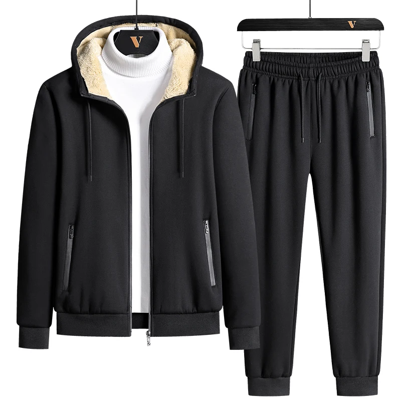 Man Korean Handsome Solid Color Cashmere Leisure Sports Suit Men'S Running Hooded Winter Plush Thickened Warm Two-Piece Set | Мужская