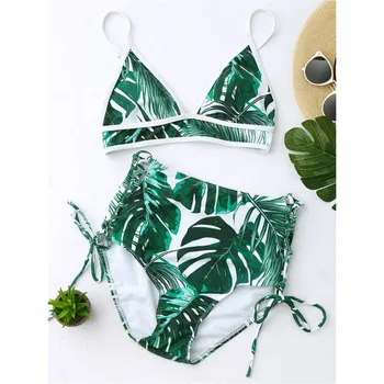 

Leave Print Bandage Bikini Set Swimwear Women Sexy High Waist Push Up Swimsuit Beach Wear Bathing Suit Triangle Swimsuits