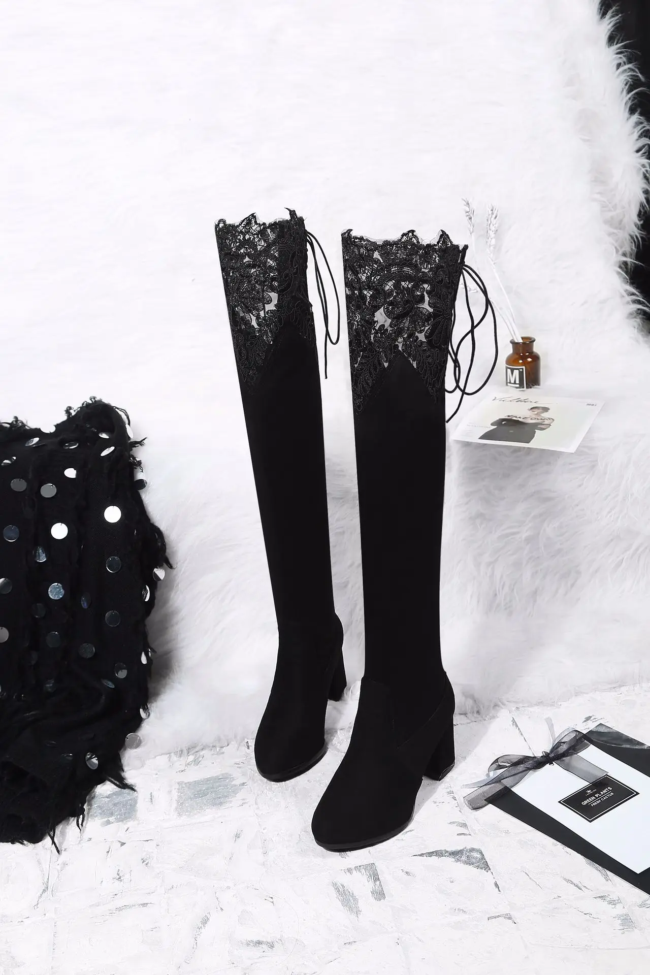 Новое поступление nueva moda salvaje de encaje Sobre las botas de la rodilla con botas de gamuza botas de mujer de gran tamamino