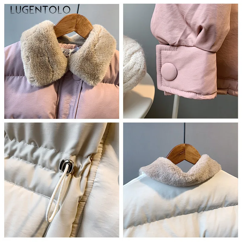 Lugentolo, зимнее пальто, женская парка, куртка, новинка, теплый меховой воротник, корейский стиль, тонкий, однотонный, с соединением, однобортный, свободный, Повседневный, парка