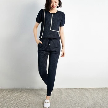 

Suits Women Set 55% Viscose Blended 2 Colors Knitted Tee+ Pants Patchwork Short Sleeves Top Wide Leg Pants Casual New Fashion