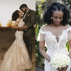Short Sleeve Deep V Neck Applique Mermaid Wedding Dresses Floor-Length White/Champagne Soft Tulle African Dress robe de mariée