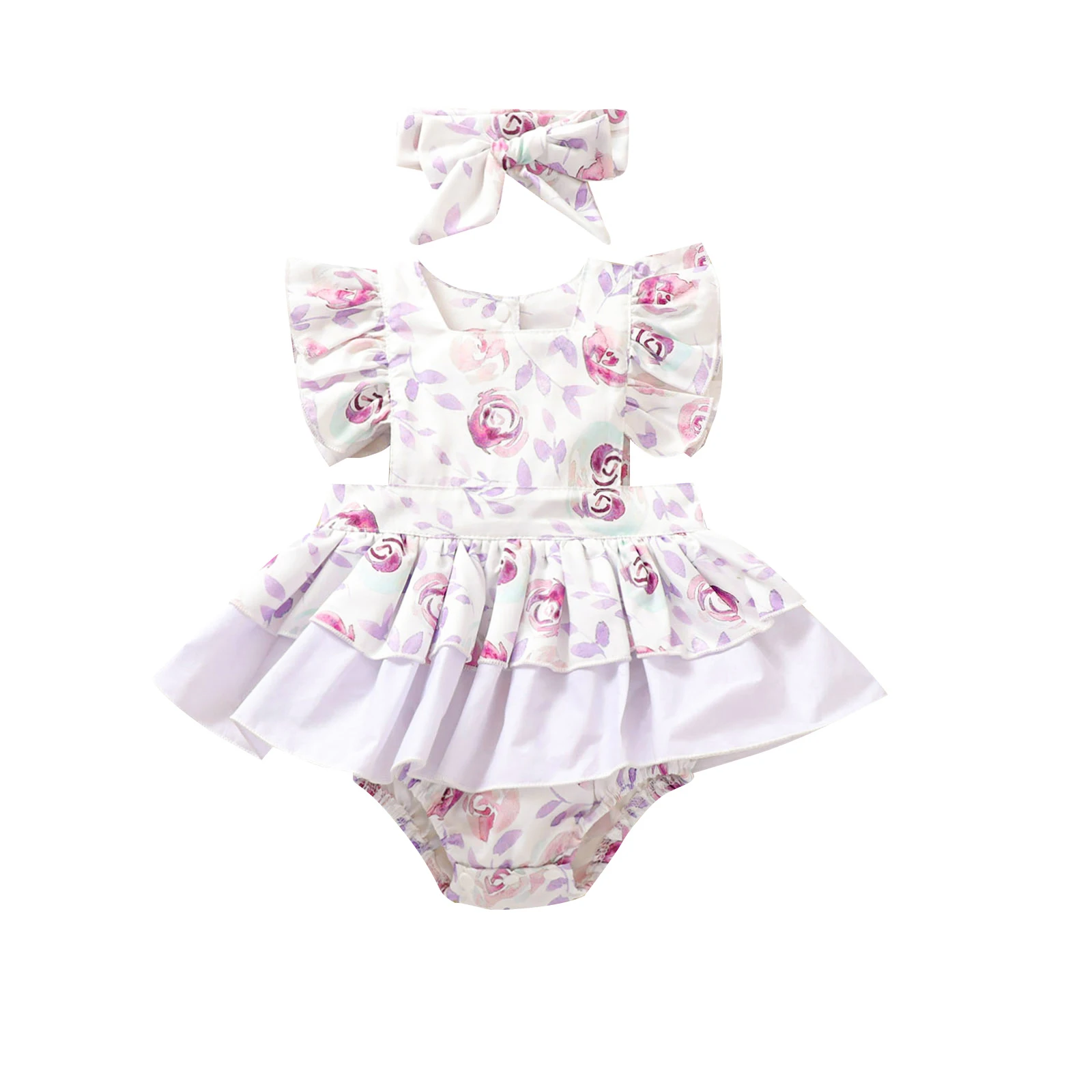 Baby Romper with Headband, Girls Flower Print Square Neck Fly Sleeve