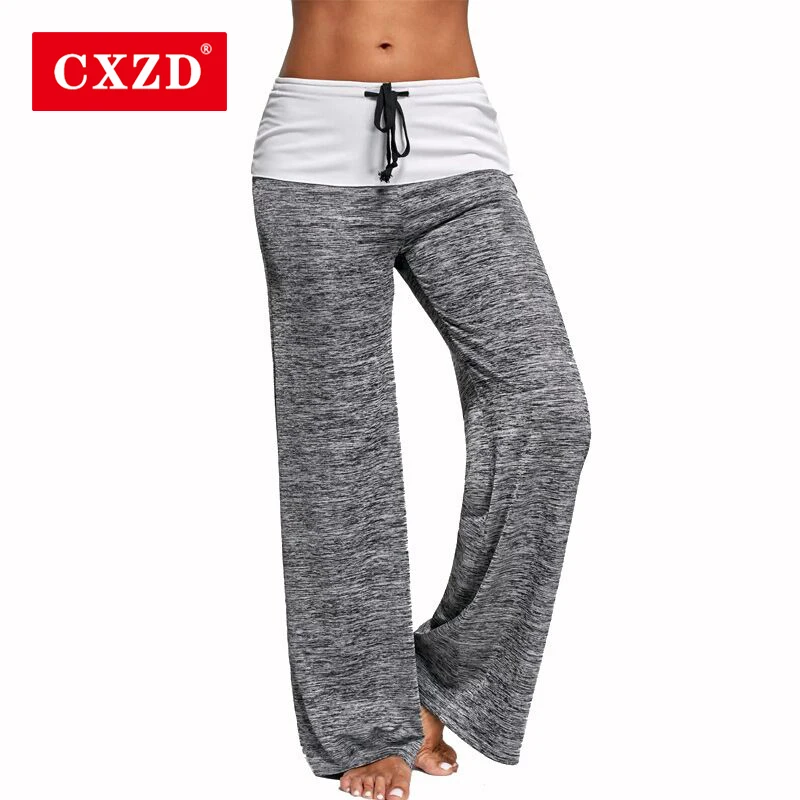 

CXZD Women Casual Loose Long Patchwork Yoga Quick-Drying Sports Pants Foldover Drawstring wide-leg Pants Female