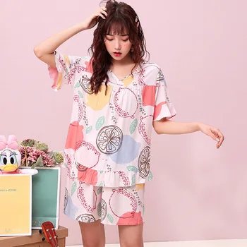 

Pajamas Suit Cotton Women Sleep Set Casual Home Clothing Sleepwear Printed Pijamas Intimate Lingerie Short Sleeve Nightwear