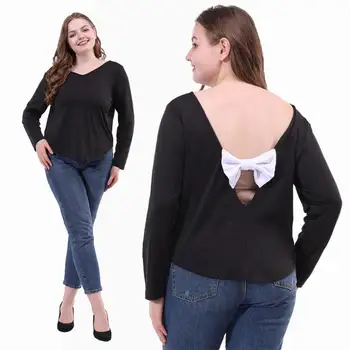 

Plus Size V-neck Tops Women Long Sleeve Backless Bowknot Pure Color T-shirt Summer Spring Female Ladies Solid Color Large Tees