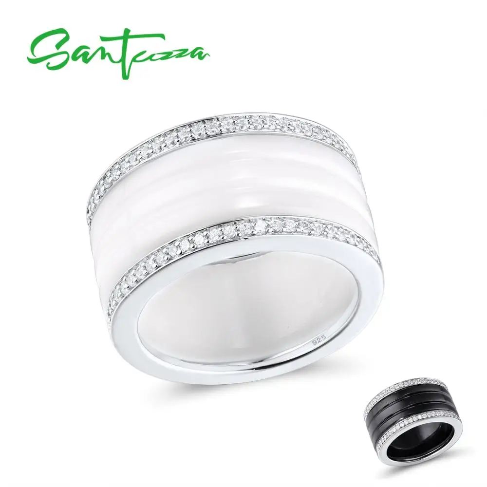 

SANTUZZA Silver Rings For Women Pure 925 Sterling Silver Round White Black Ceramic Cubic Zirconia simple anillos Fine Jewelry