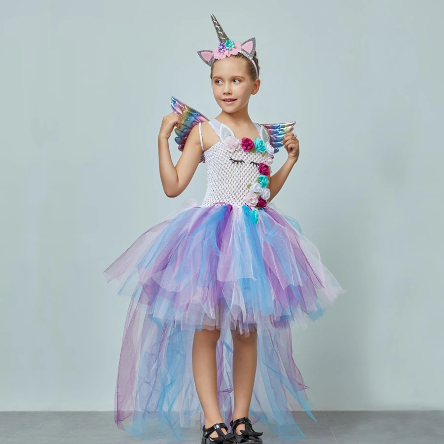 Kids Pastel Rainbow Unicorn Princess Tutu Dress Girls Halloween Pageant Costume Kids Tulle Train Unicorn Birthday Ball Gown Dress  (7)