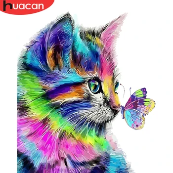 

HUACAN Oil Painting Cat Animal HandPainted DIY Gift Kit Drawing On Canvas Coloring By Number Butterfly Wall Art Home Decor