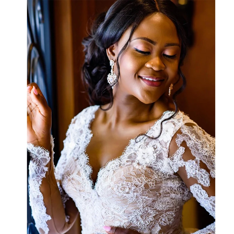 Layer Skirt Ball Gown Wedding Dresses V Neck Long Sleeve Africa Wedding Dress Appliques Puffy Country Bridal Gowns