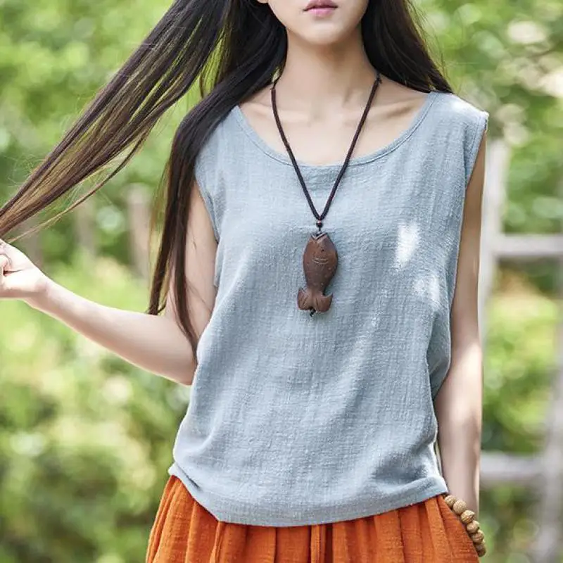 

Spring Summer Casual Solid Color O Neck Classic Chinese Style Sleeveless Linen Loose Women Tank Tops