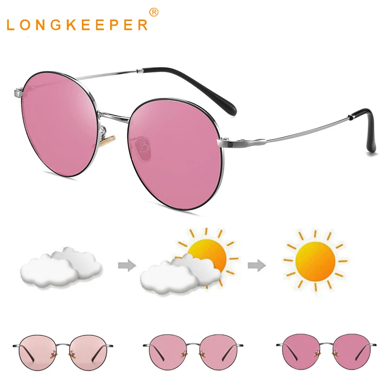 

2020 New Photochromic Sunglasses Men Women Polarized Chameleon Sun Glasses Ladies Fashion Round Pink Glasses UV400
