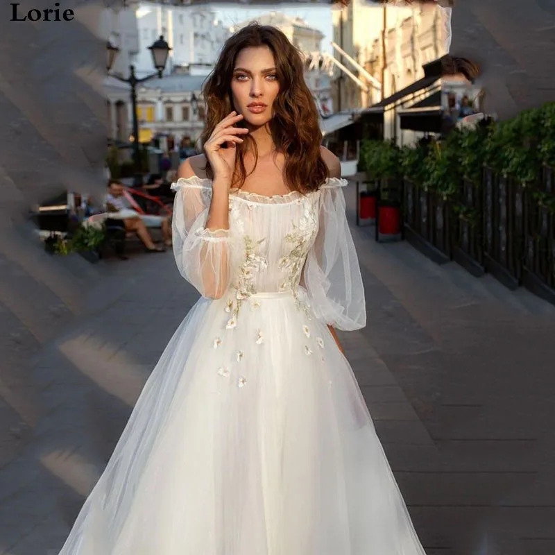 LORIE свадебное платье в стиле бохо с пышными рукавами винтажное свадебное платье 3d цветы с плеча свадебное платье длиной до пола