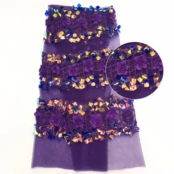 

Purple nigerian tulle lace fabrics 2020 sequin mesh fabric for evening dress 5yard / lot PLF-88