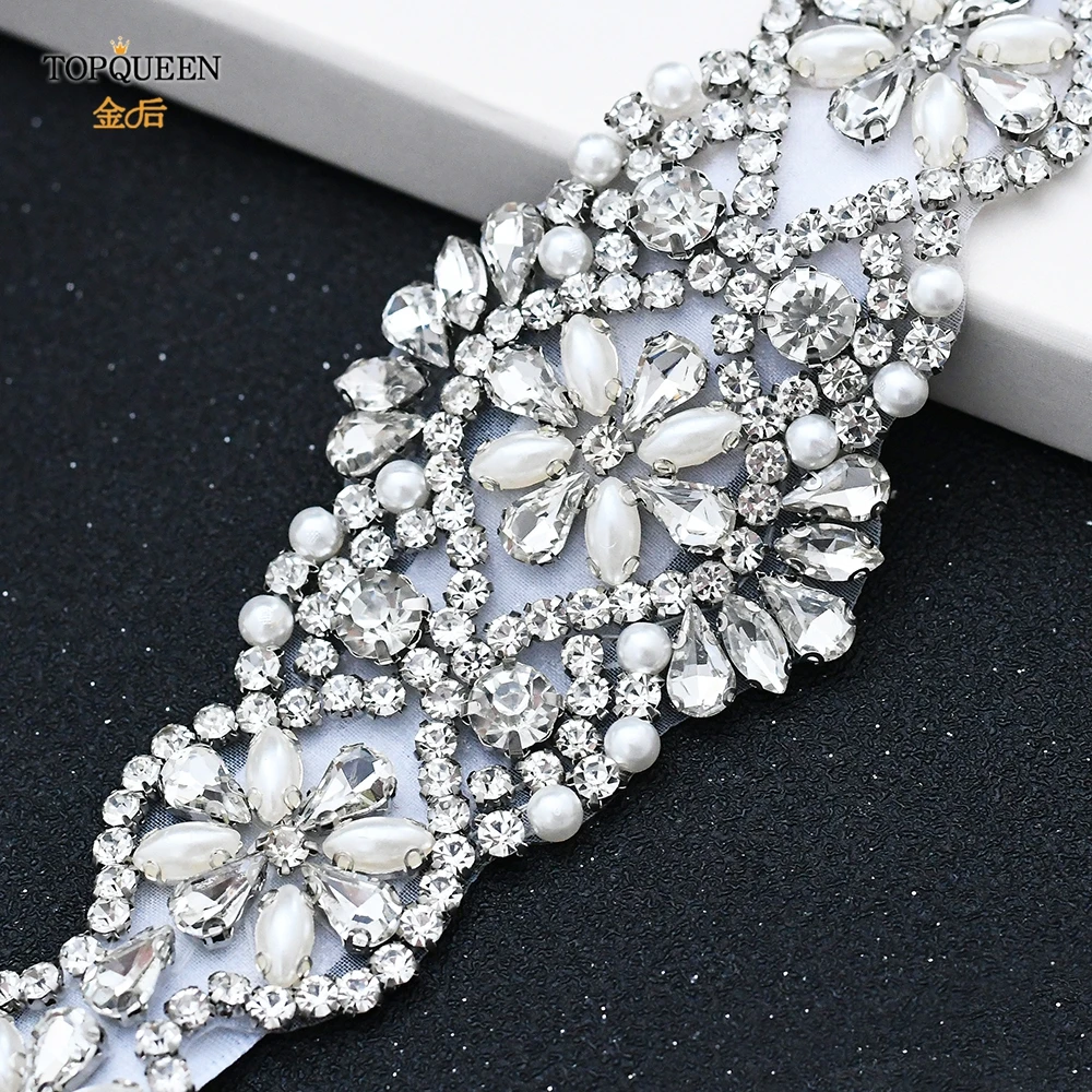 TOPQUEEN S161 Bridal Belts Wedding Women Jewelry Silver Rhinestone Pearl Crystal for Sparkly Party Formal Dress Diamond Sash