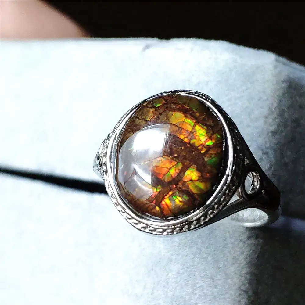 

Natural Colorful Ammonite Ammolite Ring Yellow AAAAA Woman 15x13mm Crystal Love Gift 925 Sterling Silver Fashion Rings