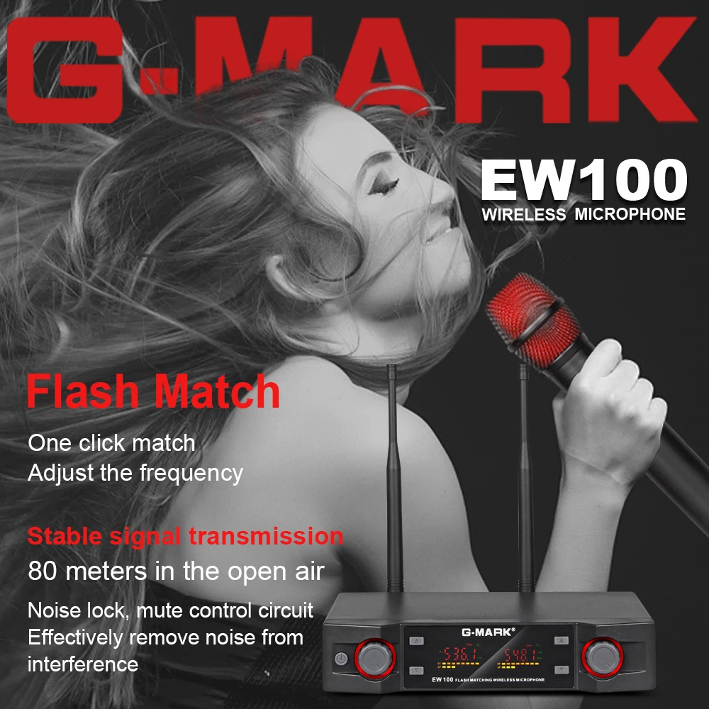 US $59.39 Wireless Microphone GMark Ew100 Uhf Karaoke Handheld Mic Professional Frequency Adjustable 80m Receive Party Show Stage