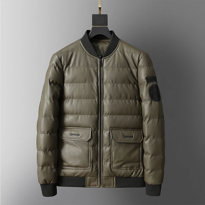 Army green Новая осенне-зимняя мотоциклетная кожаная куртка для мужчин, толстые бейсбольные куртки из искусственной кожи, приталенная мужская куртка-бомбер, Повседневная брендовая одежда - Color: Army green