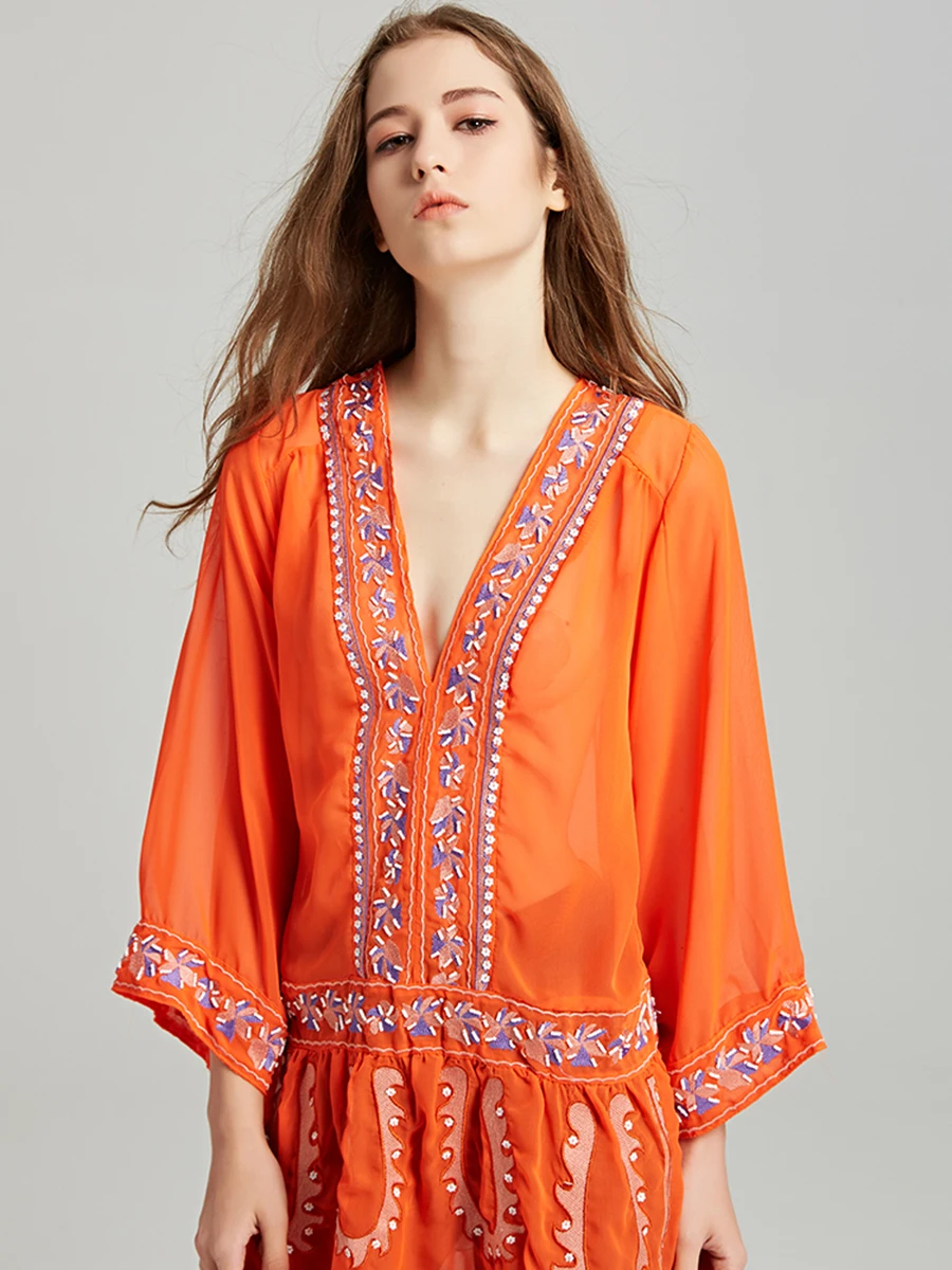 Boho летняя длинная рубашка с v-образным вырезом, Расклешенным рукавом, вышивкой, перспективным бисером, винтажная Повседневная рубашка, пляжные женские рубашки, Топ оранжевый