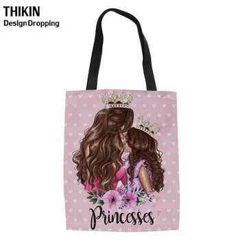 

THIKIN Baby Mom Queen Girl Print Linen Tote Bag Women Reusable Shopping Canvas Bags Casual Female Canvas Shoulder Pink Handbag