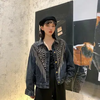

Denim Beadings Rivet Tassel Women Jacket Jeans Vintage Streetwear Fashion Loose Coats Beading Autumn Cool Ladies Coats