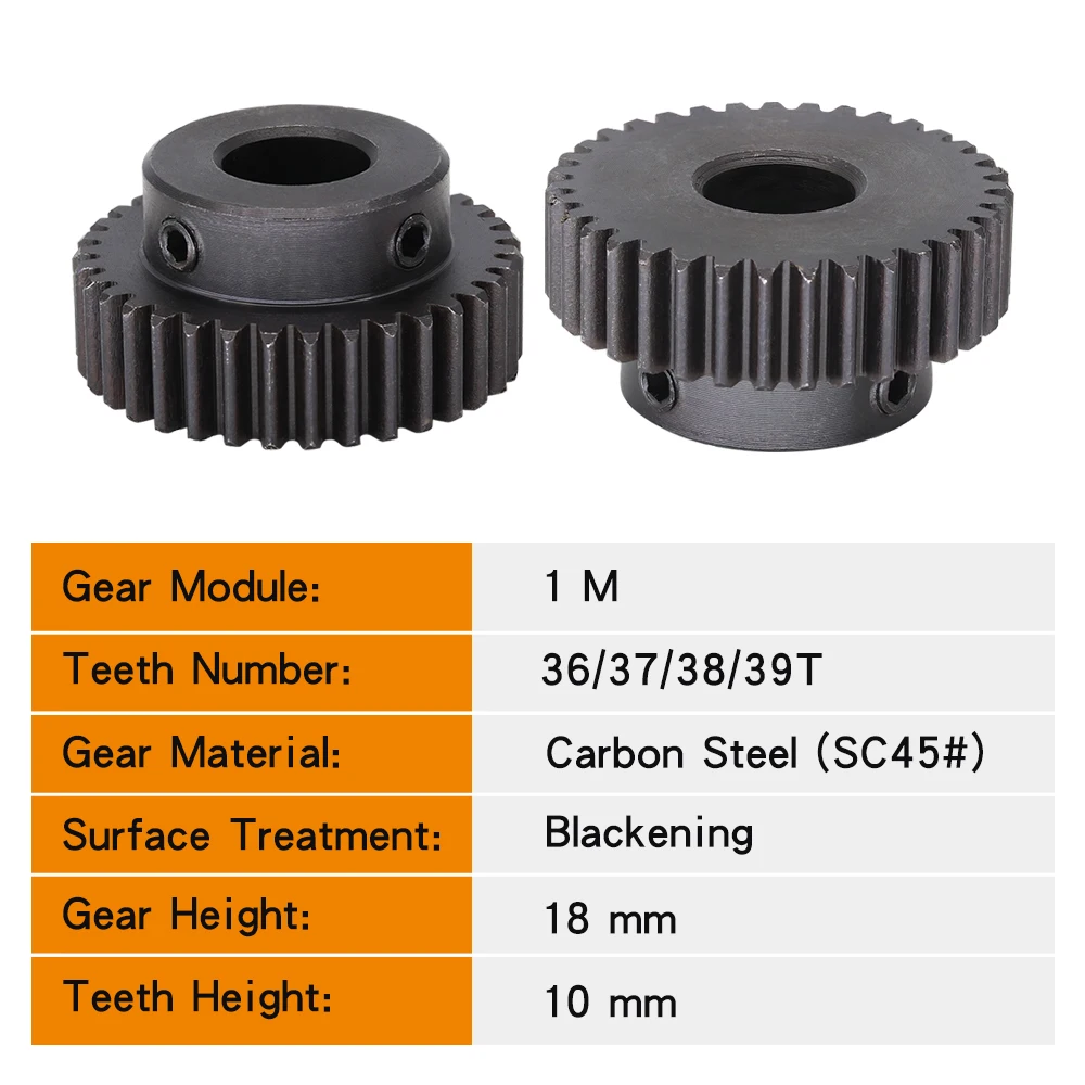 Module 1 Motor Gear 1M-36T/37T/38T/39Teeth SC45#Carbon Steel Material Blackening Spur Gear Bore Size 6/8/10/12 mm