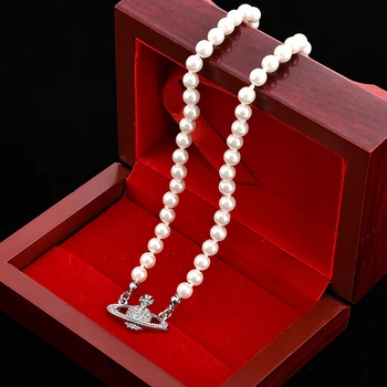 

Luxury Artificial Pearl Necklace For Women Crystal Saturnes Pearl Pendant Necklace Female Wedding Bridal Necklaces Bracelets