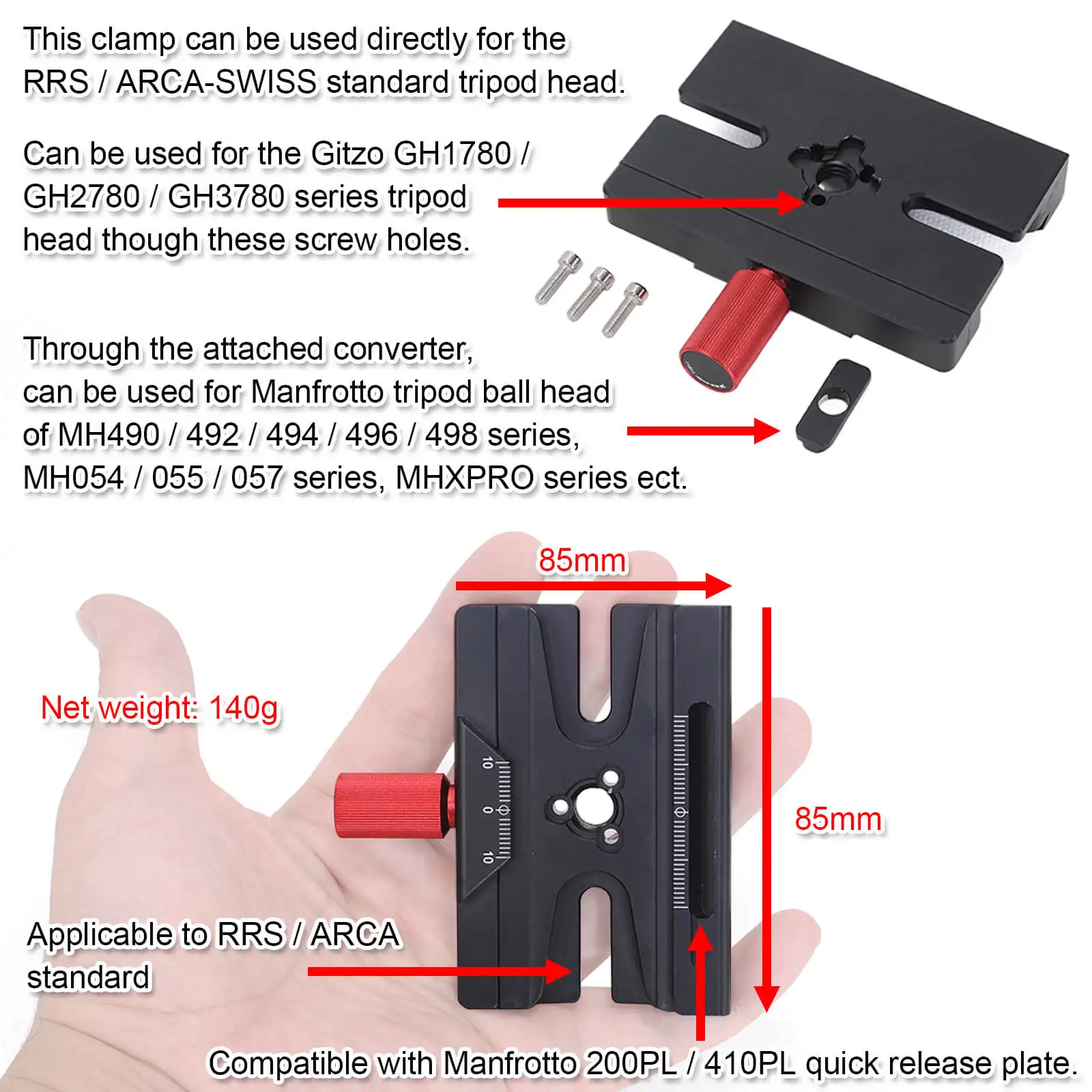 Placa de Liberação Buraco para Placa de Liberação Cabeça de Arca-swiss Braçadeira com 3 Rápida Adaptador Parafuso Buraco para Tripé Gitzo Manfrotto 85mm - 8 - Image 2