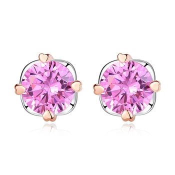 

S925 Sterling Silver with 3A Grade Pink Zircon Fashion Simple Double Gold Ear Stud