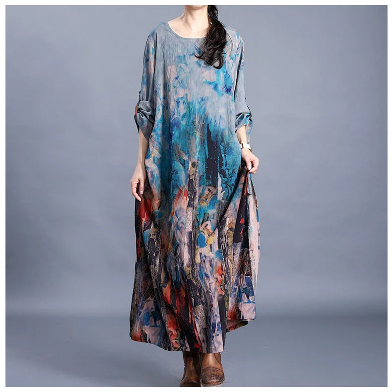 Женское весеннее Платье с принтом, женские свободные платья с принтом, женское платье, платье с круглым вырезом нестандартной длины