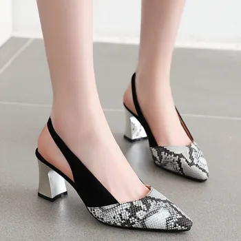 

Fanyuan Size 31-48 Women Sandals Pointed Toe Snakeskin Pattern Shoes Women Slip On Elastic Square Heel Leisure Mujer Footwear