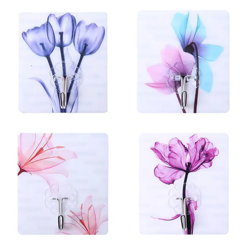 New Arrival 4PCS Key Holder Wall Household Unique Printing Door Hook Free Punching No Trace Door Hook Adhesive Door Hook