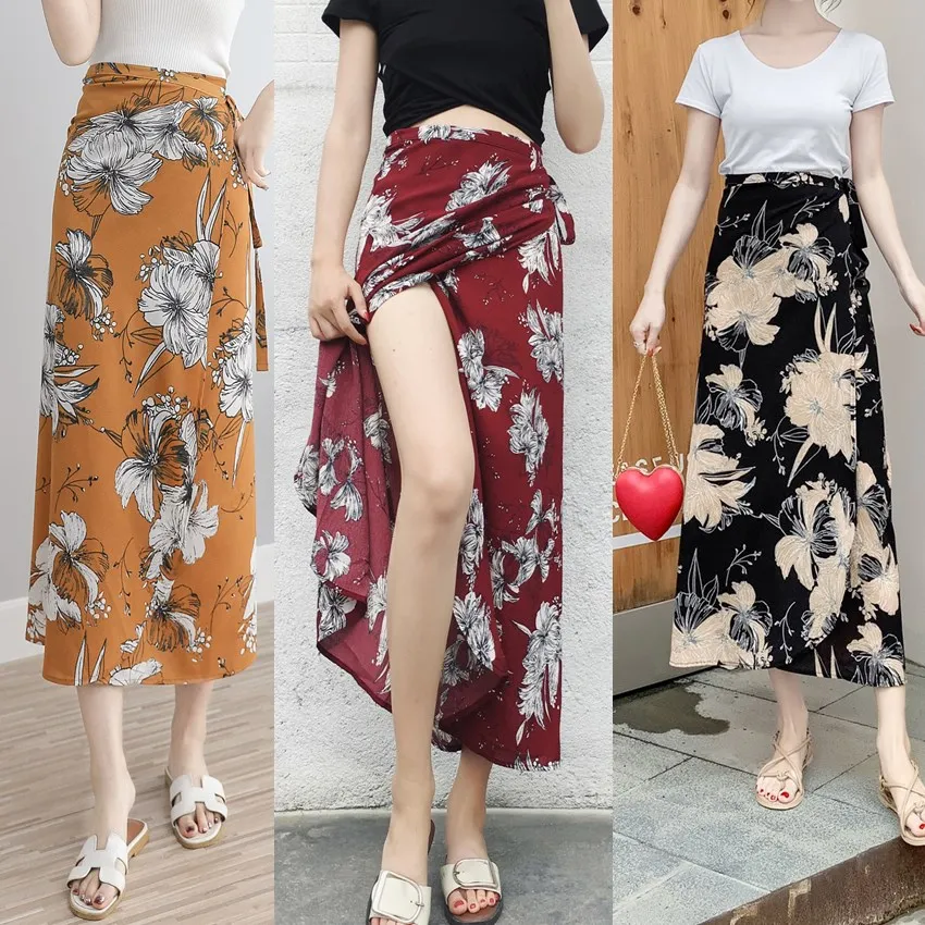 

2019 Women Summer Irregular Split Bag Hip Skirt Floral Print Bohemian Skirt Ladies Variety Wearing Clothes Chiffon Holiday Skirt