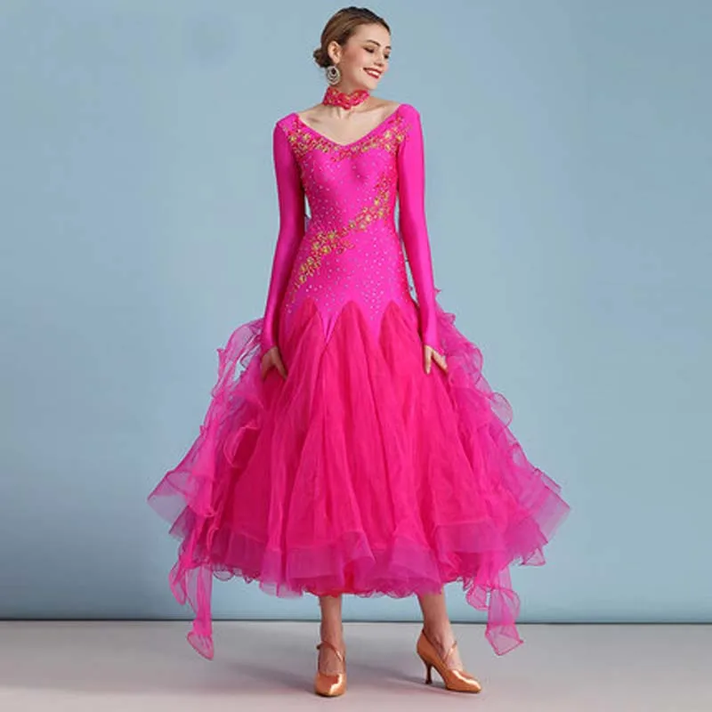 Standard Ballroom Dance Dresses of High Quality Long Sleeve Flamenco Dancing Skirt Women Cheap Stage Waltz Ballroom Dress