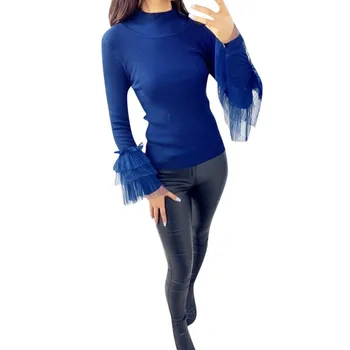 

Chic Mesh Sweater For Women Turtleneck Solid Color Long Sleeve Bodycon All-match Sweater New Hot Top
