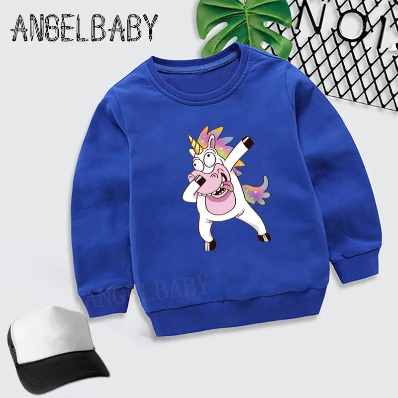Детские толстовки с капюшоном с изображением единорога; Детские осенние Топы; одежда из хлопка для малышей; свитер для мальчиков и девочек; kyt2197