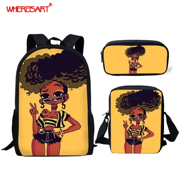 

WHEREISART 3PCS School Bags Set for Girls Backpacks Kit Cartoon Afro Girl Black Queen Kids Bags African Princess Schoolbag Cool