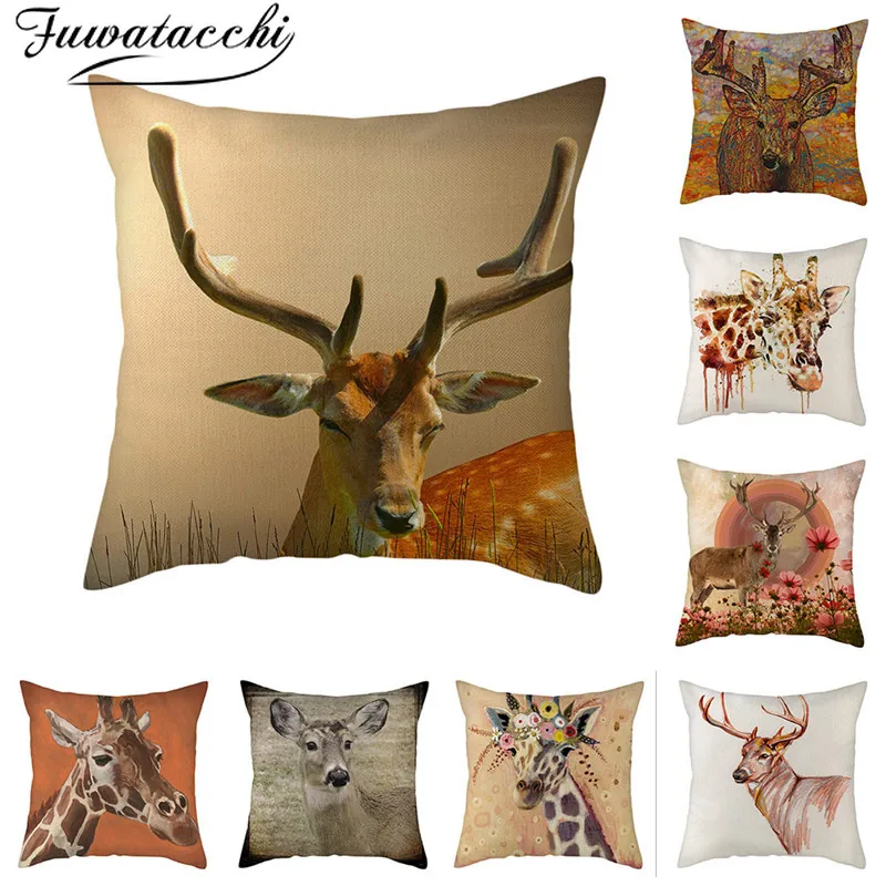 Fuwatacchi Pure Linen Giraffe Printed Cushion Cover Sika Deer Animal Photo Pillow for Home Car Sofa Decorative Pillowcases | Дом и сад