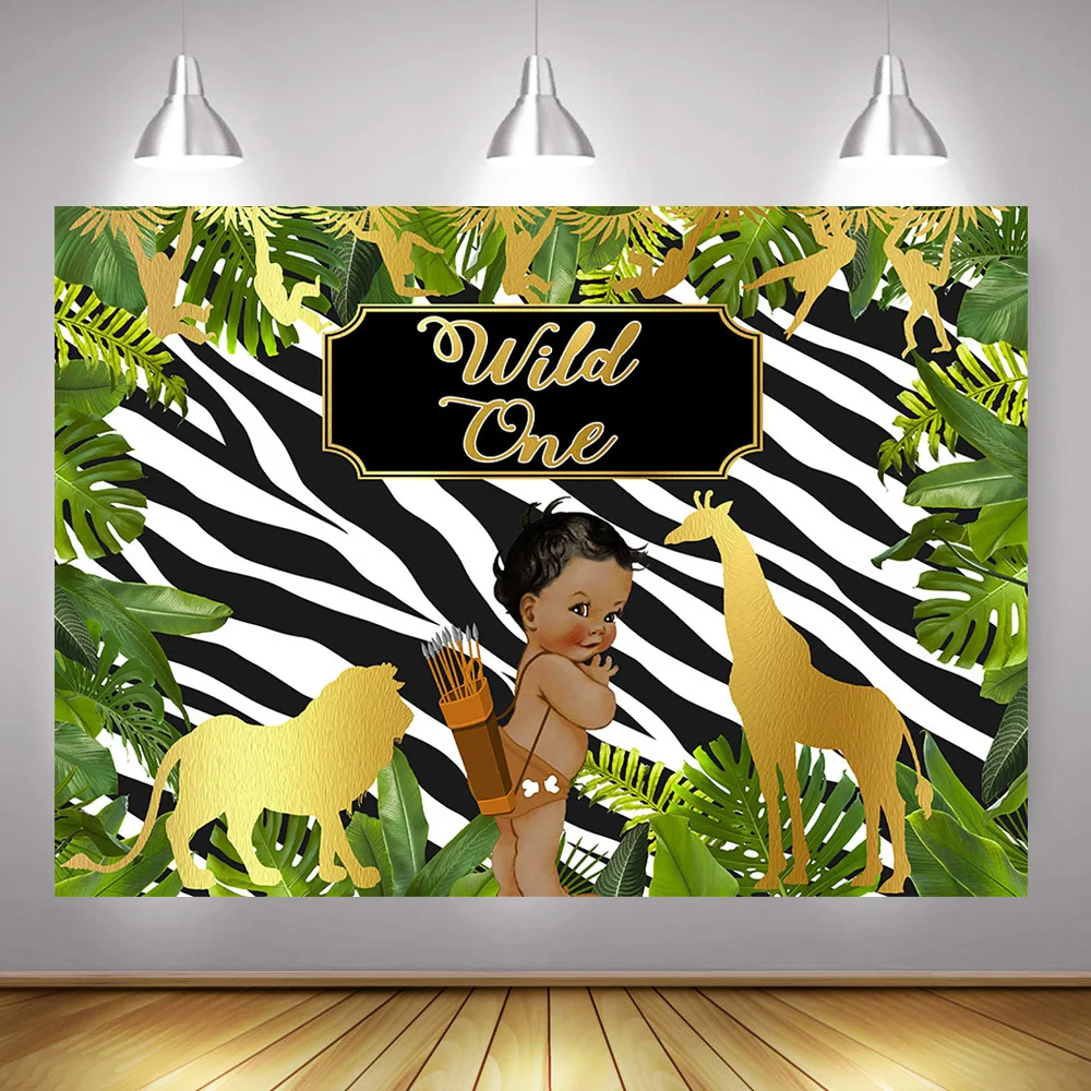 Safari Wild One Birthday Photo Background Golden Animals Newborn Little Hunter Photography Backdrop Green Forest Leaf Photoshoot |