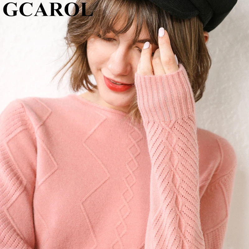GCAROL New Women O Neck Curled Rhombic Sweater Fall Winter 30% Wool Cashmere Thick Jumper Stretch Warm OL Knitted Pullover S-3XL - Цвет: Розовый