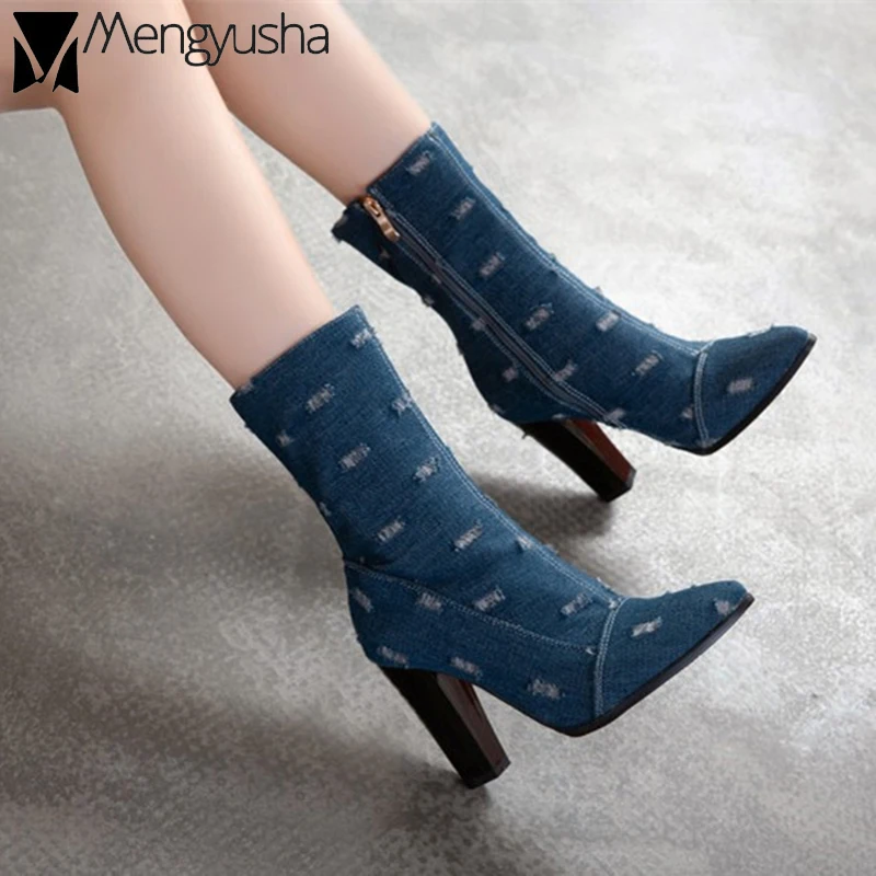 Джинсовые ботинки с острым носком; botines femme; коллекция года; уличные джинсовые ботинки на высоком каблуке; женские Ботинки martin на молнии сбоку; bottes; ботинки «Челси» с кисточками