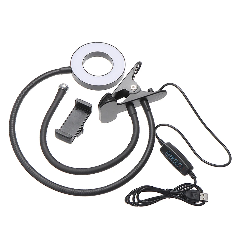 사진 Led 램프 유연한 긴 팔 조절식 핸드폰 홀더, 24 LED 링 필 라이트 지원 USB 전화 클립