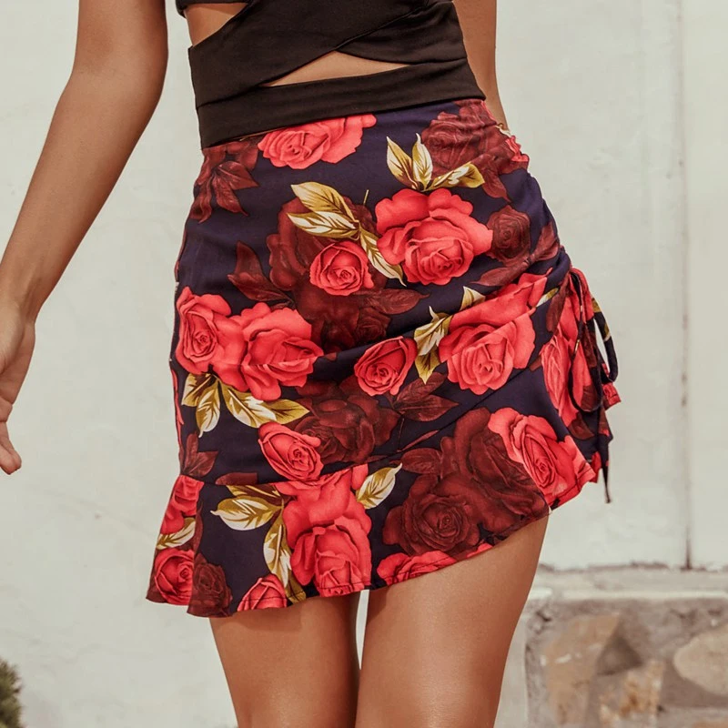 

Summer Beach Boho Sexy Mini Skirt Female 2020 New Womens Casual Floral Printed Fuffles Hem High-Waist Skirt Skirts for women