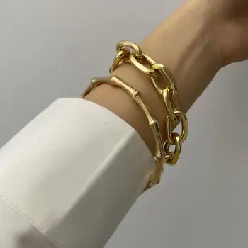 

2/Pcs Set Gold Color Metal Chain Link Creative Bamboo Bracelet Bangle 2020 New Fashion Punk EMO Bangle Bracelet Women Men Party