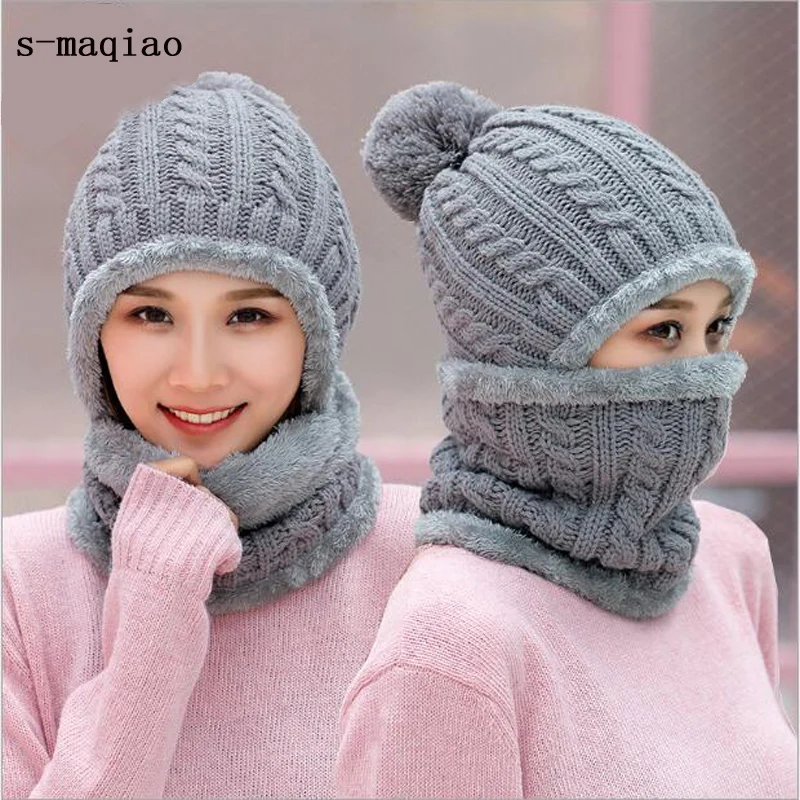 

2019 Winter Women Balaclava Knitted Hat Mask Collar Face Neck Protection Girls Skullies Beanies Multi Functional Snow Cap