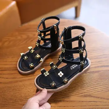 

Girls Sandals Summer Kids Shoes Fashion Flower Rome High Tube Sandals Girls Princess Zip Flat With Dance Shoes Beach Sandals
