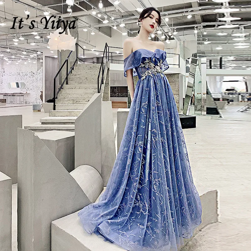 

Evening Dresses Long It's R236 Appliques Shining Blue Formal Evening Dress For Women Strapless A-line Lace Up Robe De Soiree