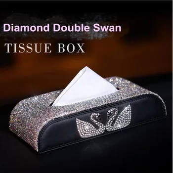 

High quality crystal rhinestones fashion car interior ornaments block type car blingbling tissue box leather