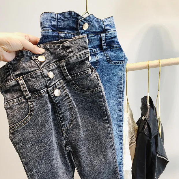 Весенне-летние джинсы для девочек брюки для малышей детские джинсовые штаны детские штаны, уличная одежда, грязная стирка, высокая талия, на кнопках, для детей от 3 до 9 лет